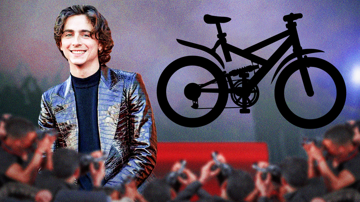 Bob Dylan biopic A Complete Unknown star Timothée Chalamet next to silhouette of a bicycle, which got him a fine during the movie's London premiere, and a red carpet background.