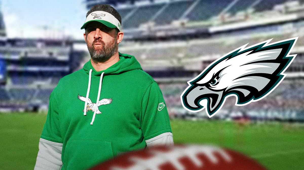Nick Sirianni next to an Eagles logo