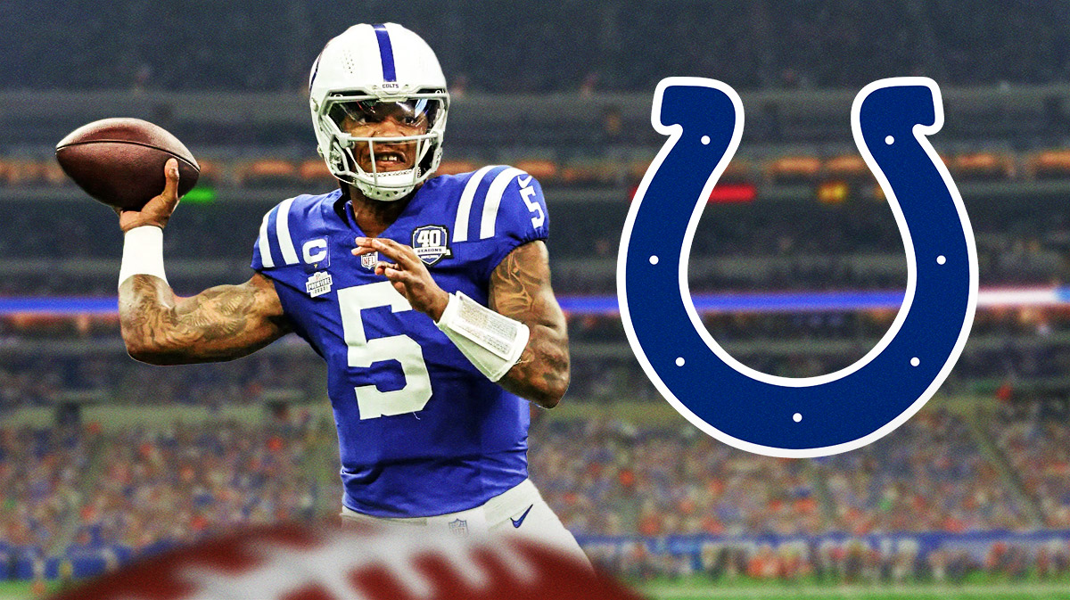 Anthony Richardson throwing a pass next to a Colts logo