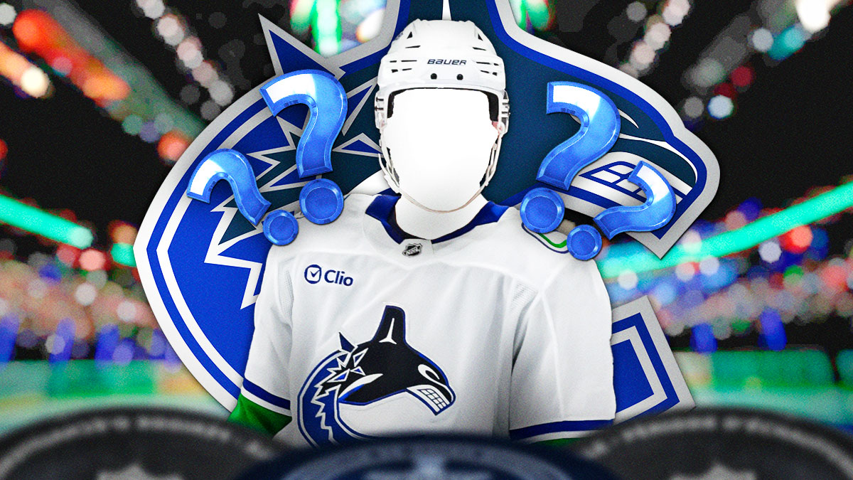 One silhouetted player in a Vancouver Canucks jersey (no C or A or number on jersey), 3-5 question marks, Vancouver Canucks logo, hockey rink in background