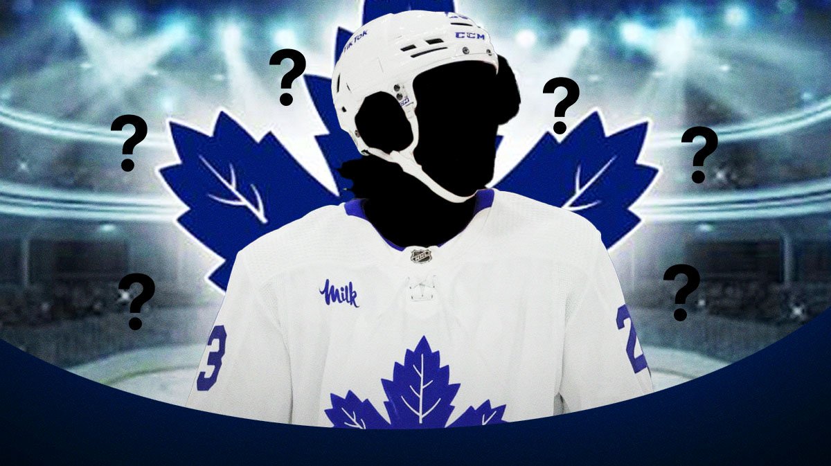 A silhouetted player in a Toronto Maple Leafs jersey, Toronto Maple Leafs logo, 3-5 question marks, hockey rink in background