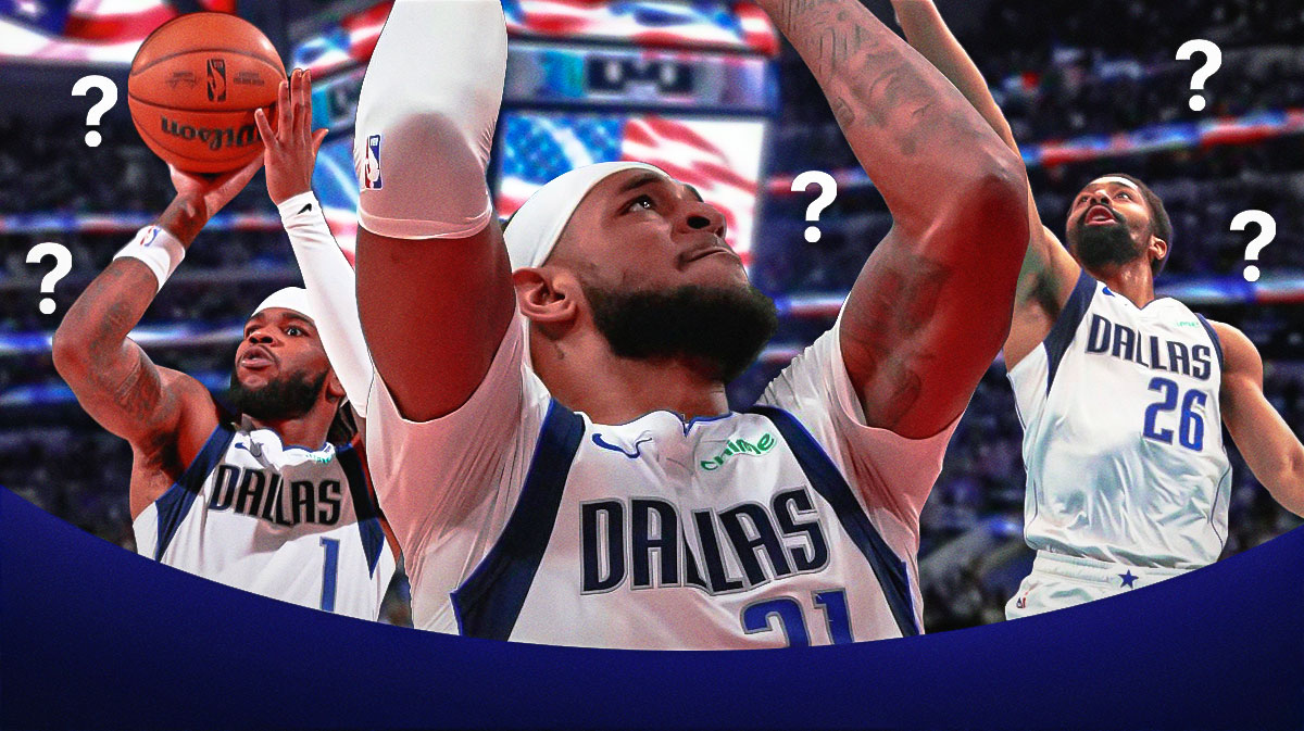 Mavericks Daniel Gafford in front dunking a basketball, Mavericks Jaden Hardy shooting a basketball, Mavericks Spencer Dinwiddie shooting a basketball. Question marks everywhere.