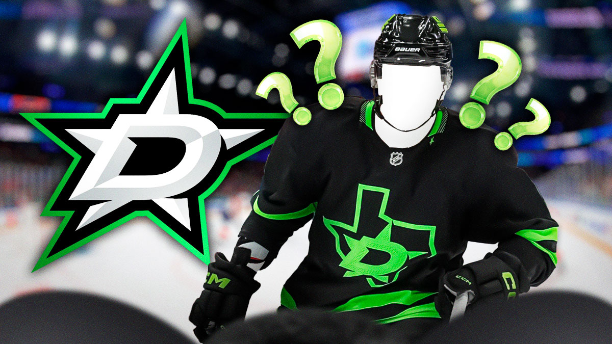 Silhouette of a player in a Dallas Stars jersey (No C or A on jersey please), Dallas Stars logo, 3-5 question marks, hockey rink in background