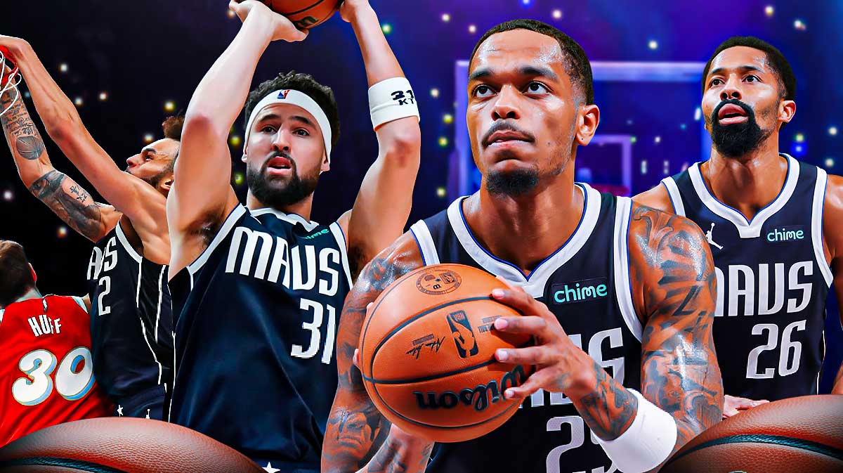 Mavericks PJ Washington in front shooting a basketball, Mavericks Klay Thompson in front shooting a basketball, Mavericks Dereck Lively II in background dunking a basketball, Mavericks Spencer Dinwiddie shooting a basketball in background.