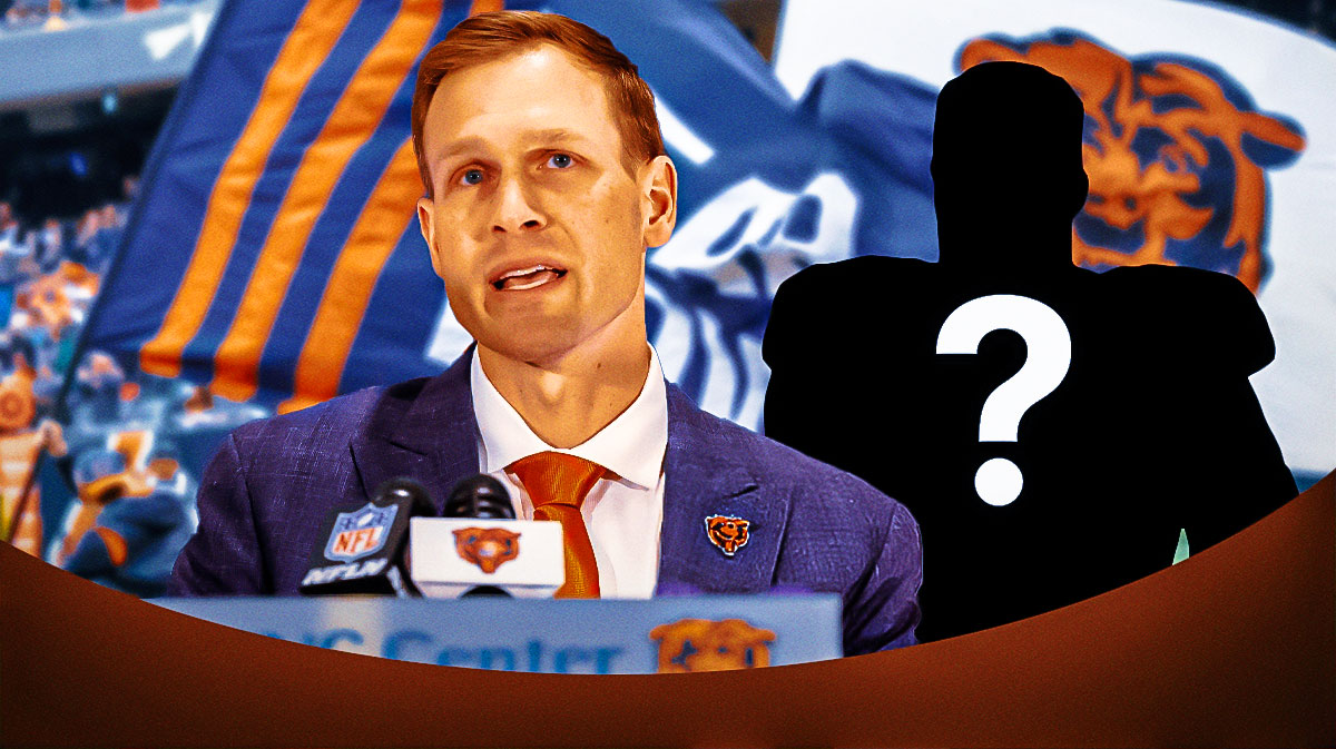 Chicago Bears head coach Ben Johnson next to a silhouette of an American football player with a big question mark emoji inside. There is also a logo for the Chicago Bears.