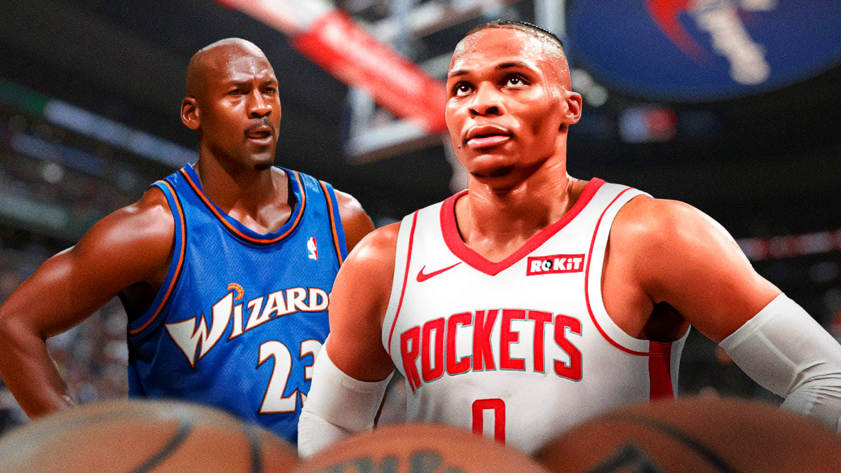 Michael Jordan playing for the Wizards and Russell Westbrook playing for the Rockets.