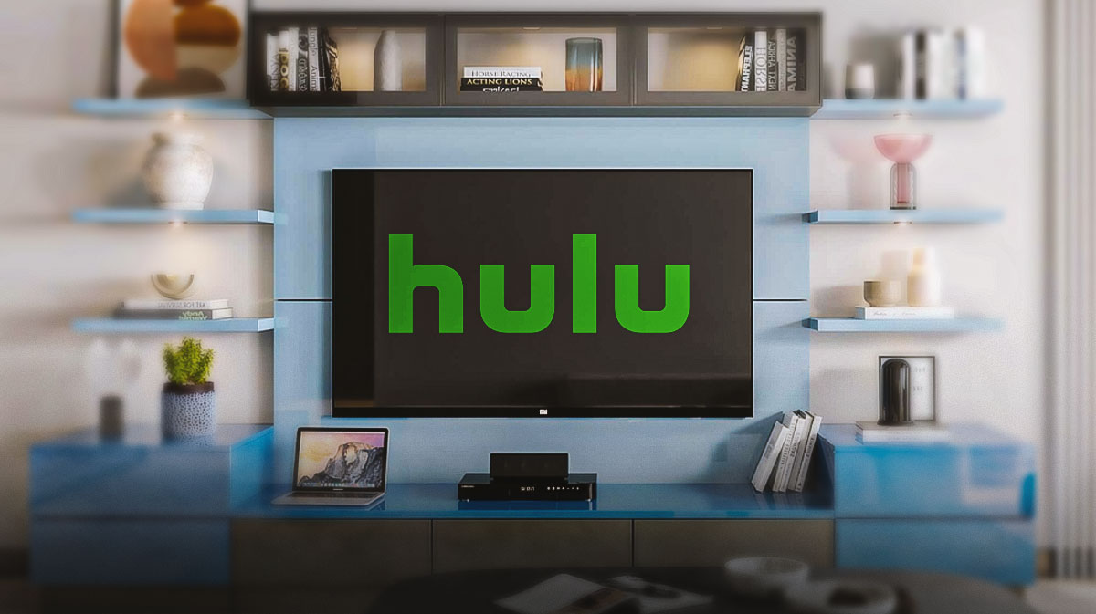 Hulu logo on TV in living room.