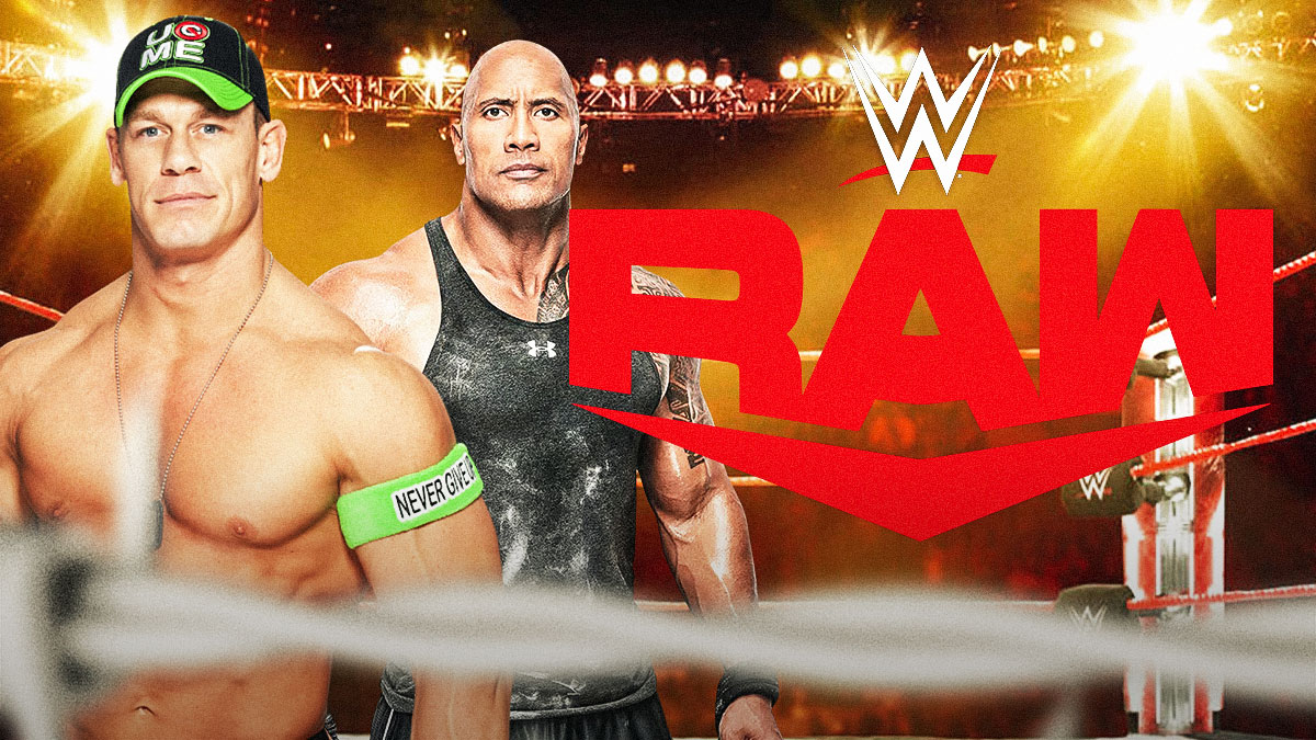 John Cena and The Rock in front of the RAW logo