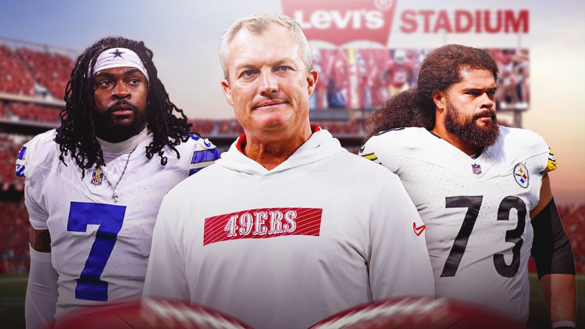 49ers John Lynch (front, center) with trade target Cowboys Trevon Diggs and Steelers Isaac Seumalo in 2025 NFL offseason