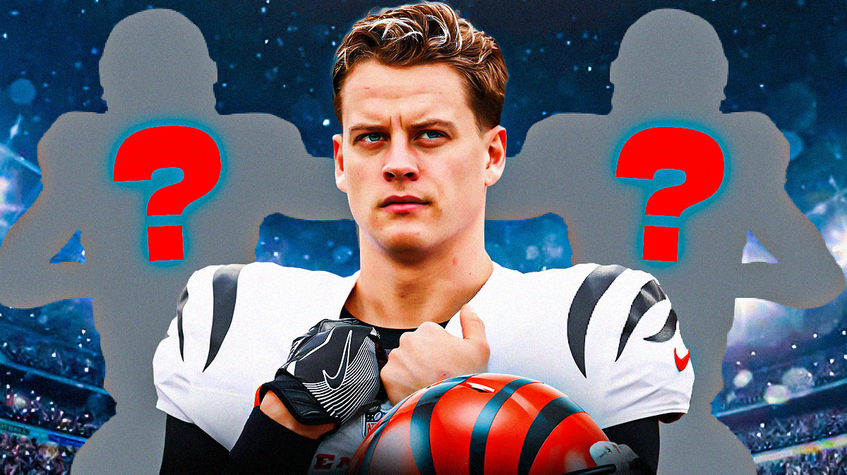 Cincinnati Bengals QB Joe Burrow next to two silhouettes of American football players with big question mark emojis inside. There is also a logo for the Cincinnati Bengals.