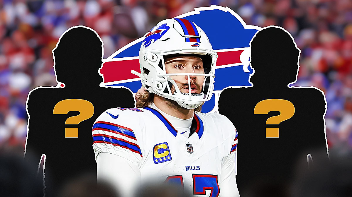 Buffalo Bills QB Josh Allen with two silhouettes of American football players with big question mark emojis inside. There is also a logo for the Buffalo Bills.