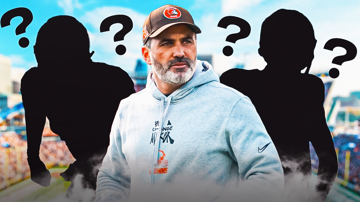 Browns head coach Kevin Stefanski (middle center) with a SILHOUETTE of Jets receiver Garrett Wilson on one side and a SILHOUETTE of Saints quarterback Derek Carr on other side. Question marks around the two silhouettes. Background is Huntington Bank Field.