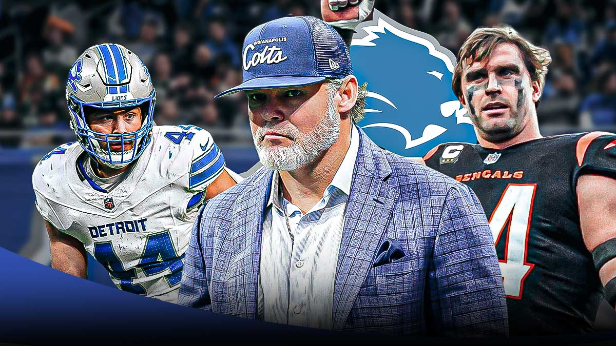 Colts Chris Ballard (front, center) with trade targets Bengals Sam Hubbard and Lions Malcolm Rodriguez in 2025 NFL offseason. Detroit Lions logo in the background