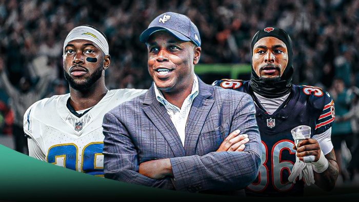 Dolphins Chris Grier (front, center) with Bears Jonathan Owens and Chargers Hassan Haskins ahead of 2025 NFL offseason