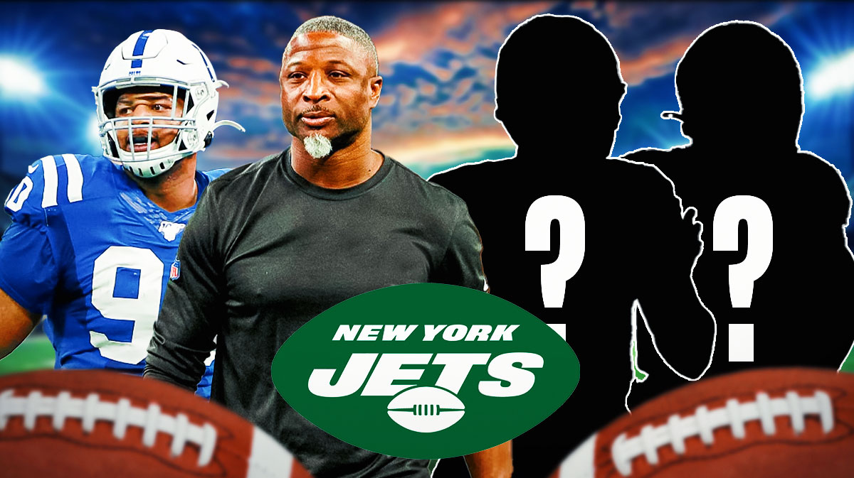 New York Jets head coach Aaron Glenn with Colts DT Grover Stewart and two silhouettes of American football players with big question mark emojis inside. There is also a logo for the New York Jets.
