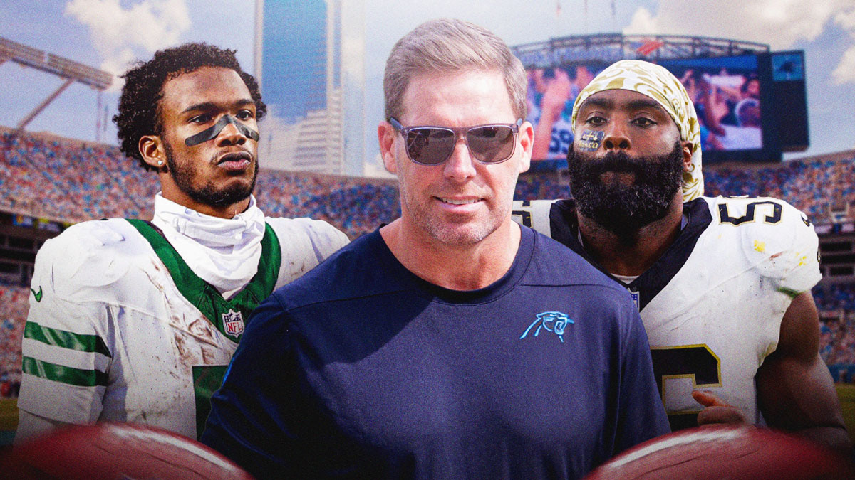 Panthers GM Dan Morgan (center) with trade targets Saints Demario Davis and Jets Garrett Wilson in the 2025 NFL offseason