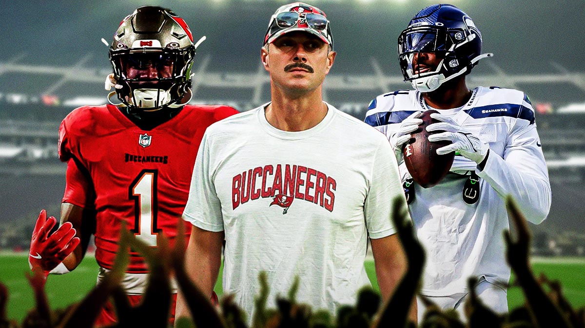 Raiders John Spytek (front, center) with trade targets Seahawks DK Metcalf and Buccaneers Rachaad White in 2025 NFL offseason
