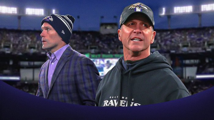 John Harbaugh in Baltimore Ravens coaching uniform, Ravens GM Eric DeCosta