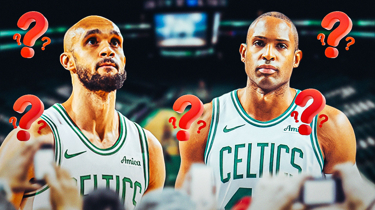 Celtics G Derrick White and F/C Al Horford surrounded by question marks