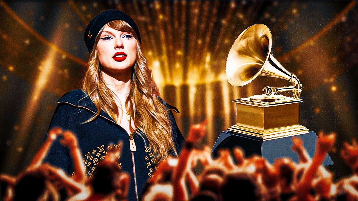 Taylor Swift, who will present at the 2025 Grammys ceremony, next to trophy.