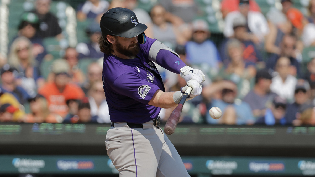 Colorado Rockies second base Brendan Rodgers (7) hits a single in the ninth inning against the Detroit Tigers at Comerica Park.