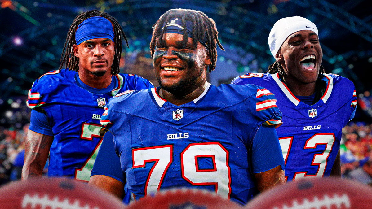Kenneth Grant (Michigan), Maxwell Hairston (Kentucky), and Isaiah Bond (Texas) all in Buffalo Bills uniforms with an NFL draft background