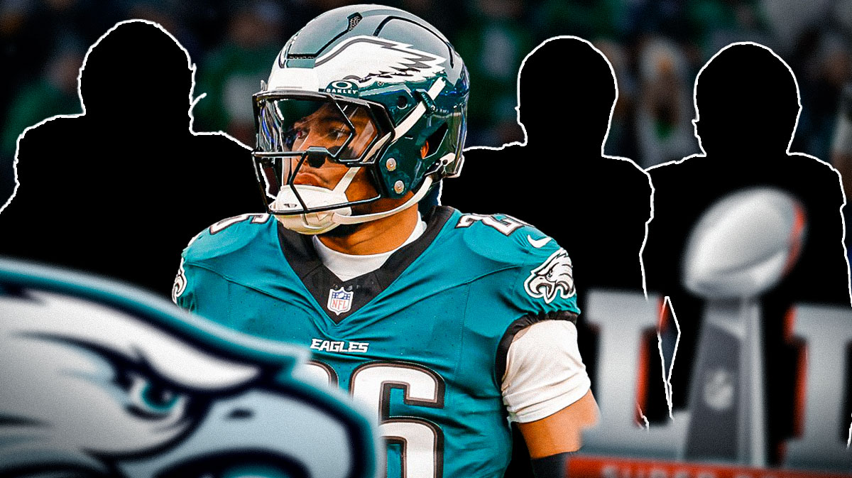 Saquon Barkley in the middle with a Super Bowl 51 logo, and three mystery players with an Eagles logo