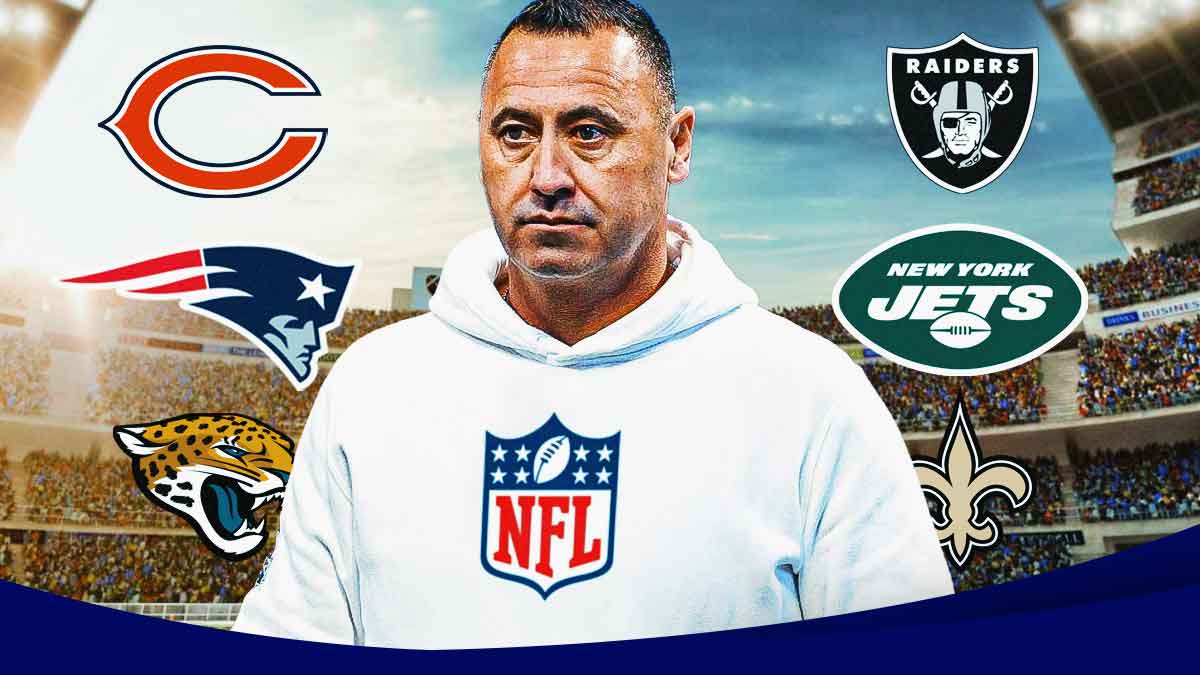 Texas Longhorns HC Steve Sarkisian with an NFL logo on his shirt with logos for the Chicago Bears, New England Patriots, Jacksonville Jaguars, Las Vegas Raiders, New York Jets and New York Saints next to him