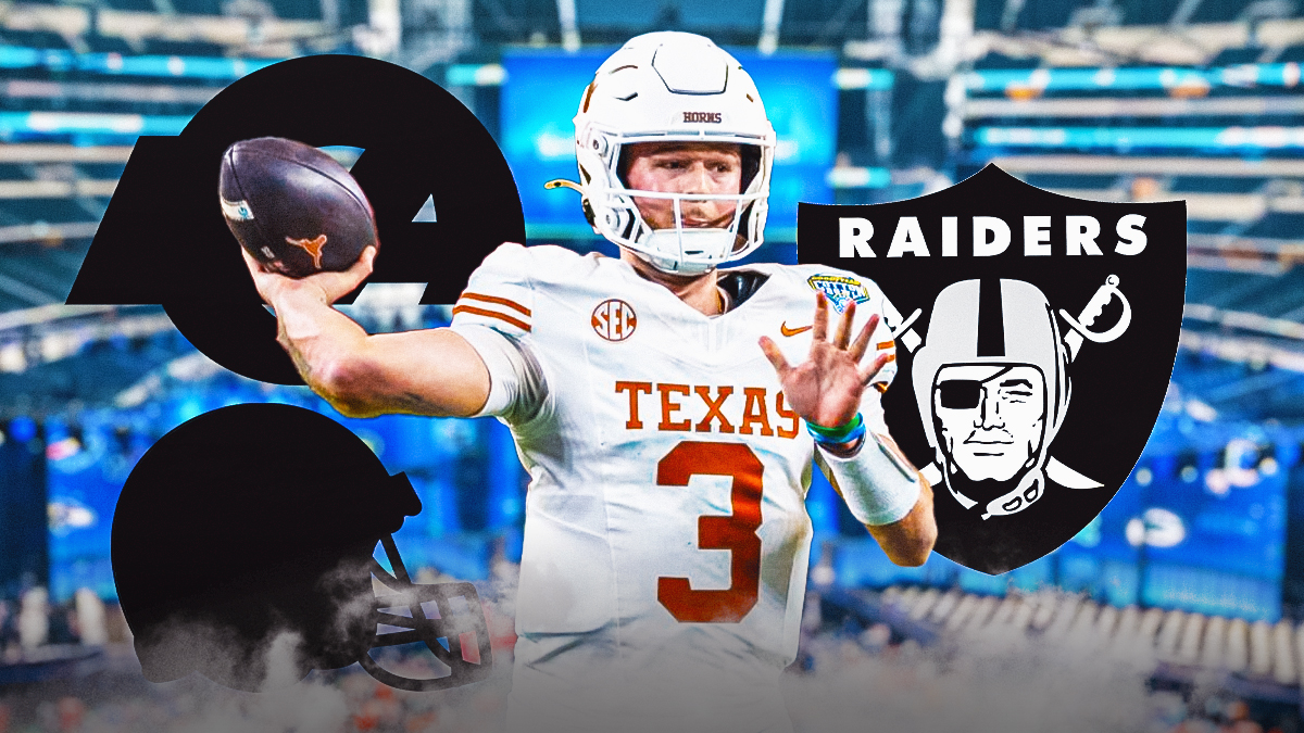 Quinn Ewers with the Raiders logo, the blacked-out silhouette of the Rams logo, and the blacked-out silhouette of the Browns logo in front of an NFL Draft motif.