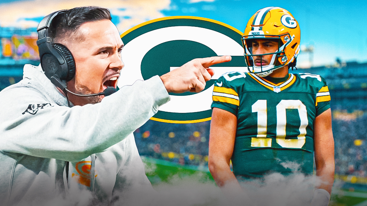 Angry Matt LaFleur and a disappointed Jordan Love with a Packers logo.