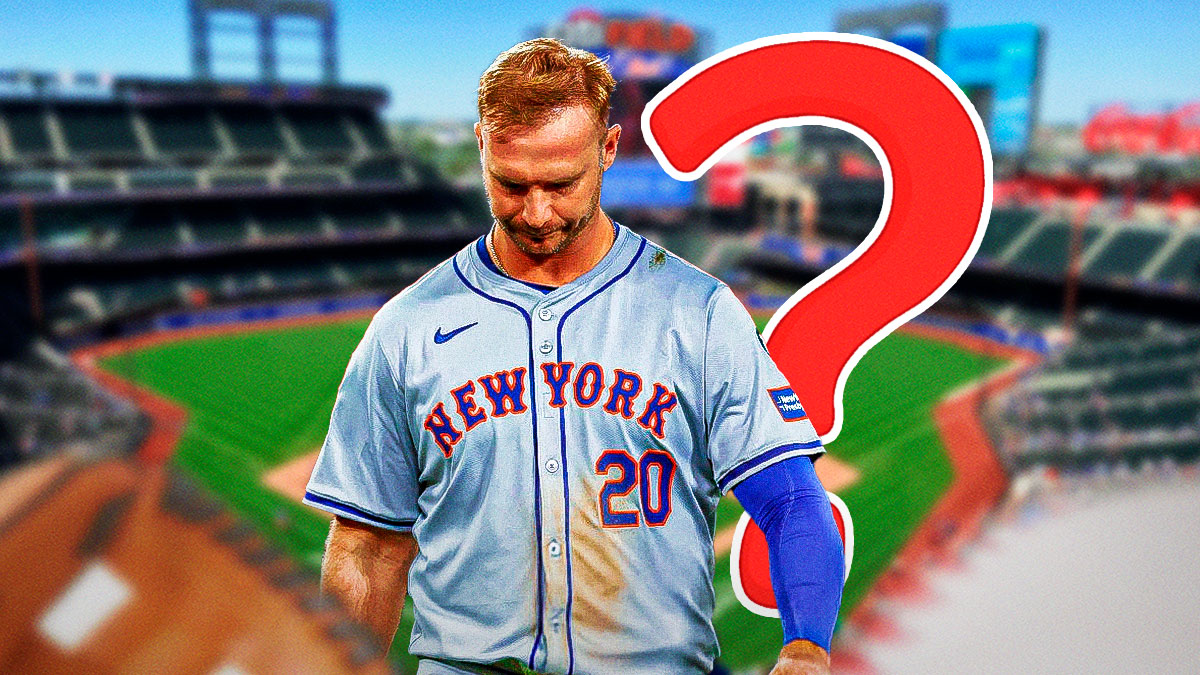 Pete Alonso in Mets jersey, ? behind him as he also considers the Blue Jays, Mariners and Angels. Citi Field background