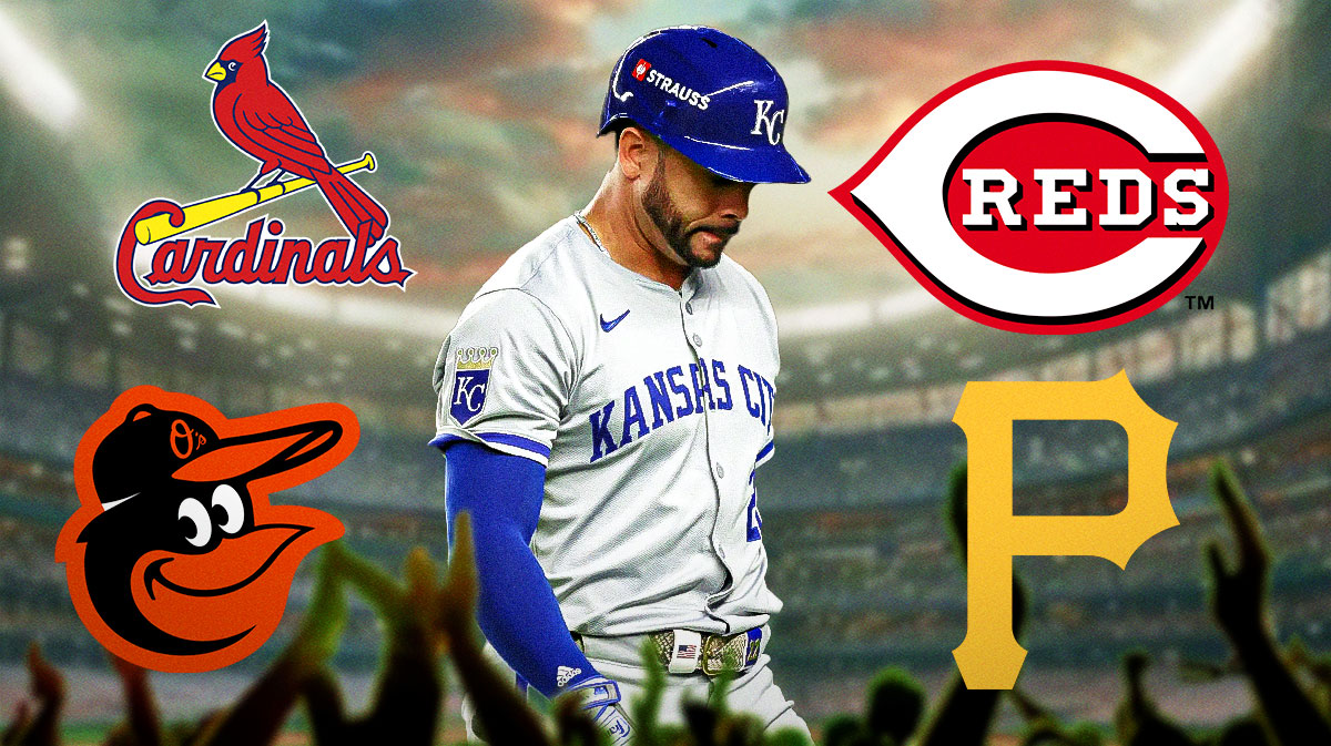 Tommy Pham with Cardinals, Orioles, Reds, Pirates logos all around