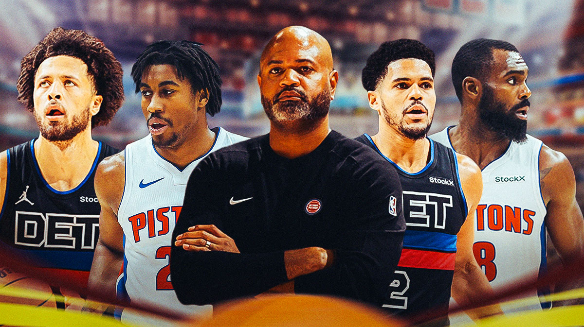 Pistons Cade Cunningham, Jaden Ivey, JB Bickerstaff, Tobias Harris, and Tim Hardaway Jr.