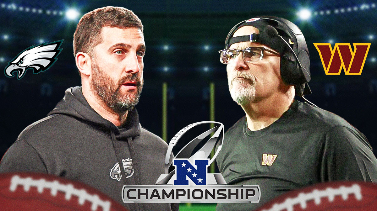 Nick Sirianni and an Eagles logo and Dan Quinn and a Commanders logo on opposite sides with an NFC Championship logo in between.