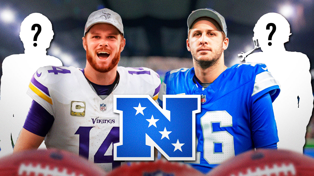 Sam Darnold and Jared Goff with two mystery players and an NFC logo in the middle.