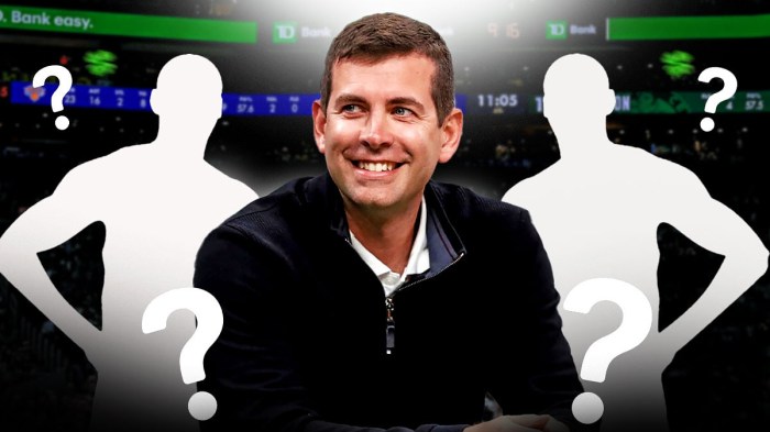 GM Brad Stevens in the middle, Two mystery players beside him, Boston Celtics wallpaper in the background, Question marks all around