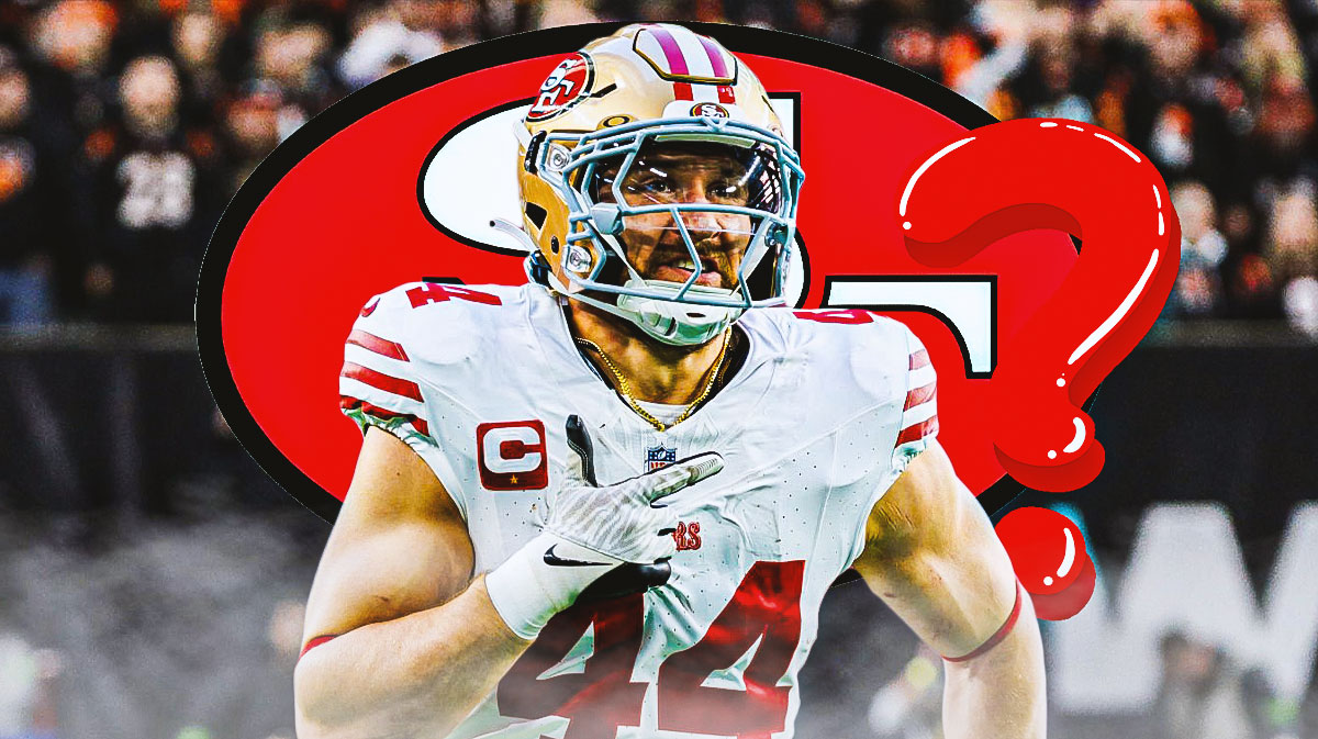 49ers Kyle Juszczyk with a question mark next to him and the San Francisco 49ers logo in the background
