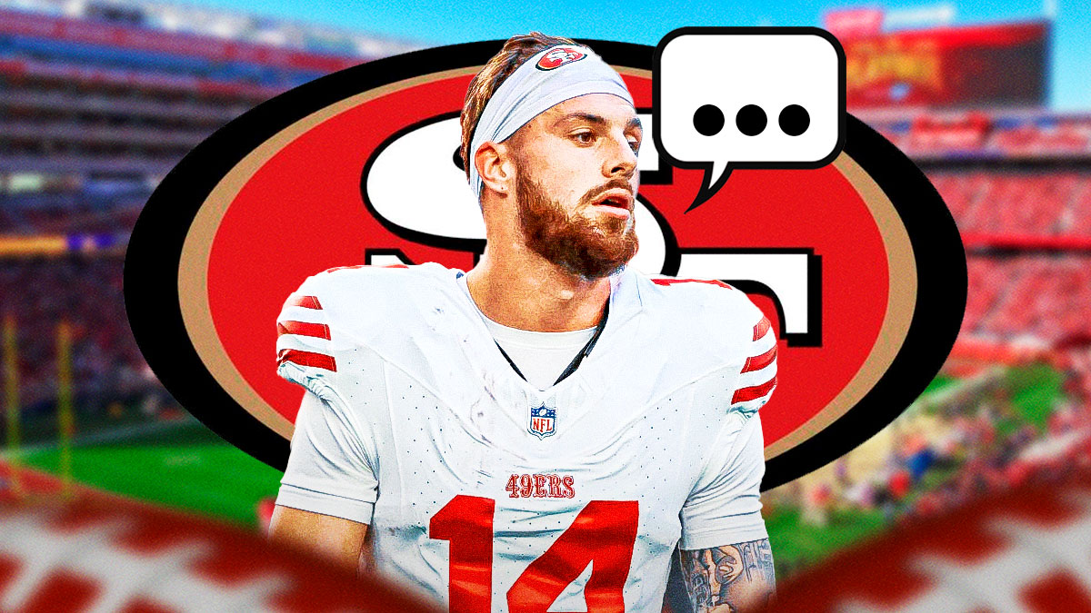 San Francisco 49ers WR Ricky Pearsall with a speech bubble that has the three dots emoji inside. There is also a logo for the San Francisco 49ers.