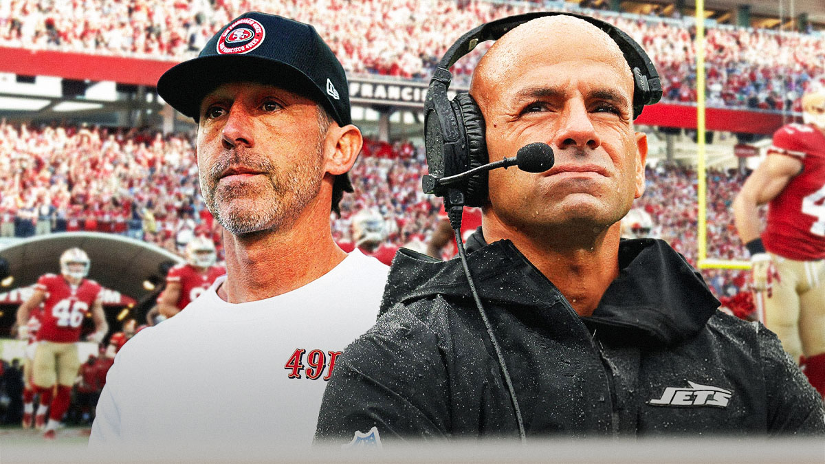 Robert Salen next to Kyle Shanahan in front of the 49ers stadium.