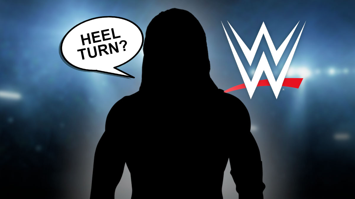 The blacked-out silhouette of R-Truth with a text bubble reading "Heel turn?" in front of the WWE logo.