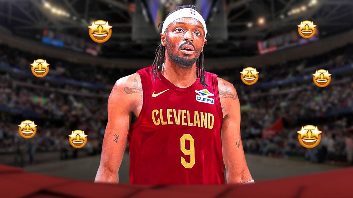 Jerami Grant in the middle in a Cleveland Cavaliers uniform, Cleveland Cavaliers wallpaper in the background, 🤩 emoji all around