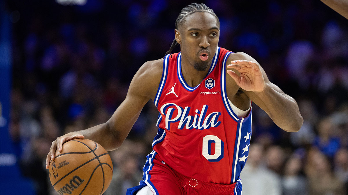 76ers guard Tyrese Maxey (0) controls the ball against the New Orleans Pelicans during the second quarter at Wells Fargo Center