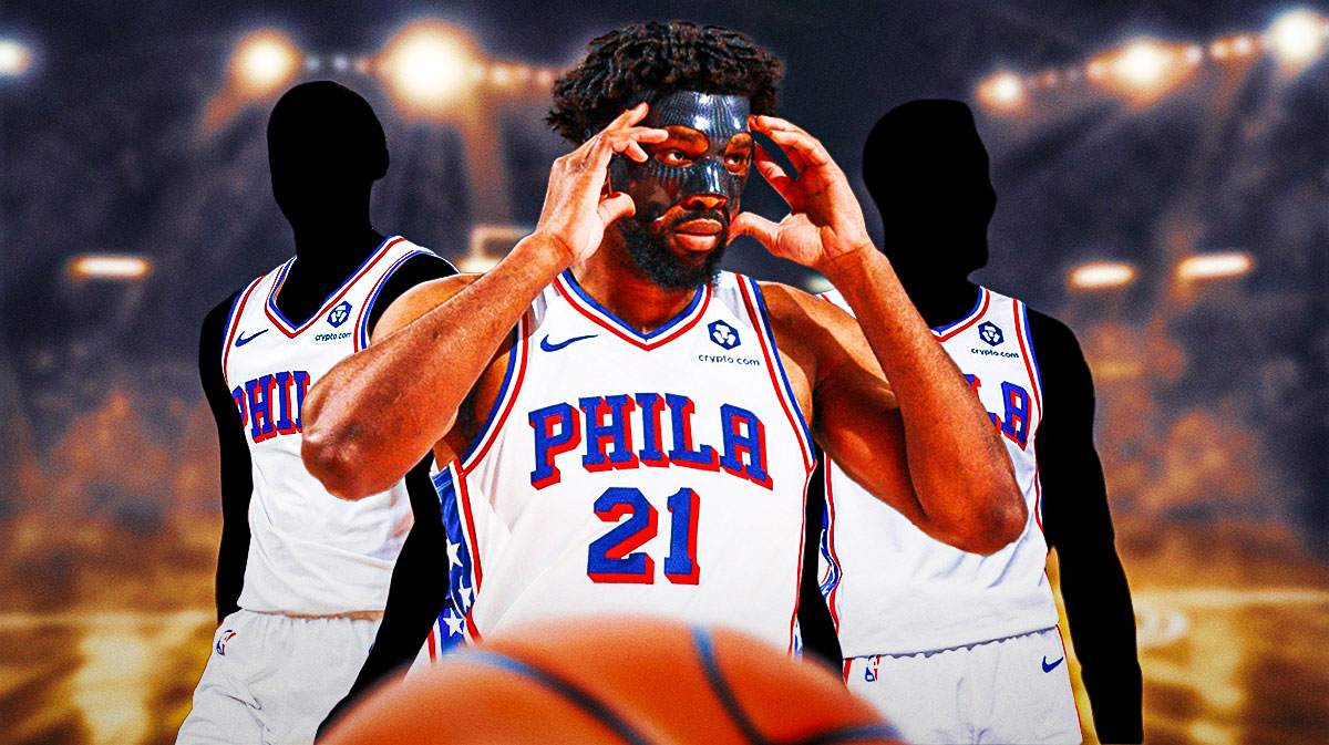 76ers' Joel Embiid in front of two silhouettes