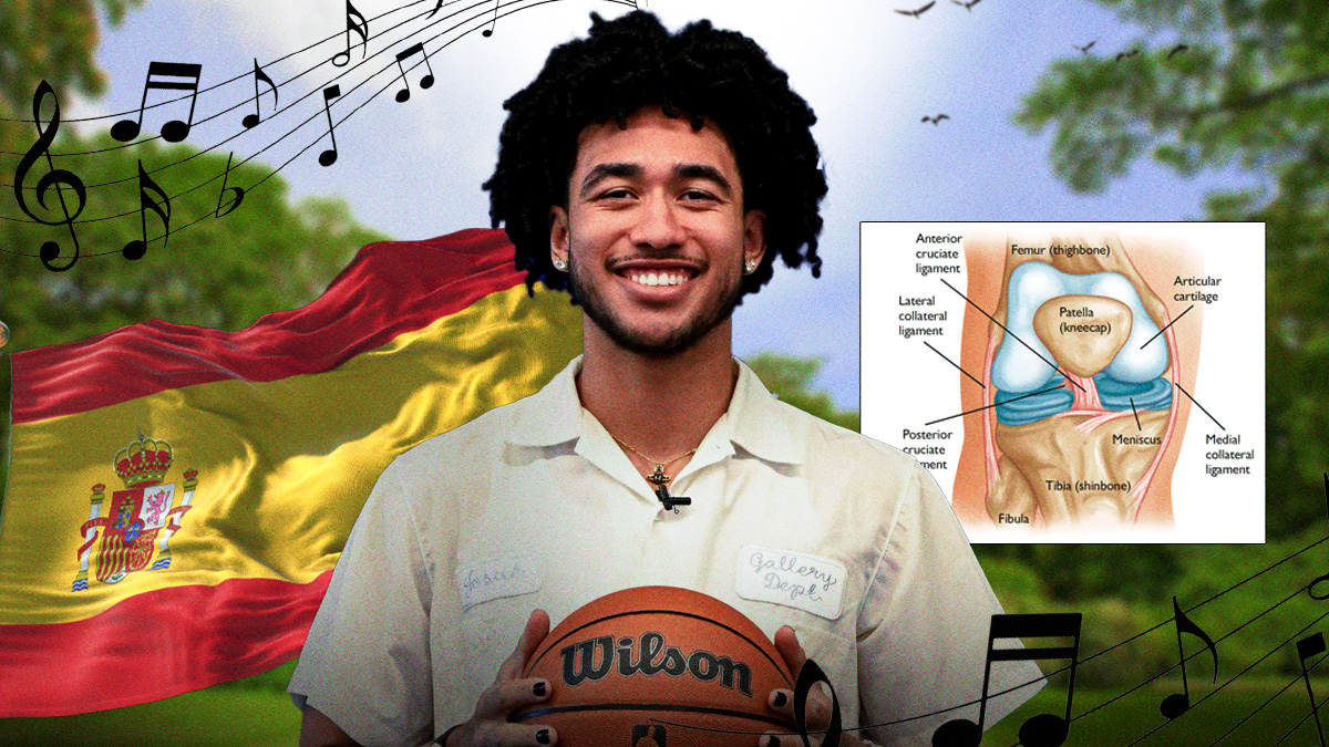 76ers' Jared McCain smiling in casual clothes, with diagram of knee injury, Spain flag, and a music sheet with notes beside him