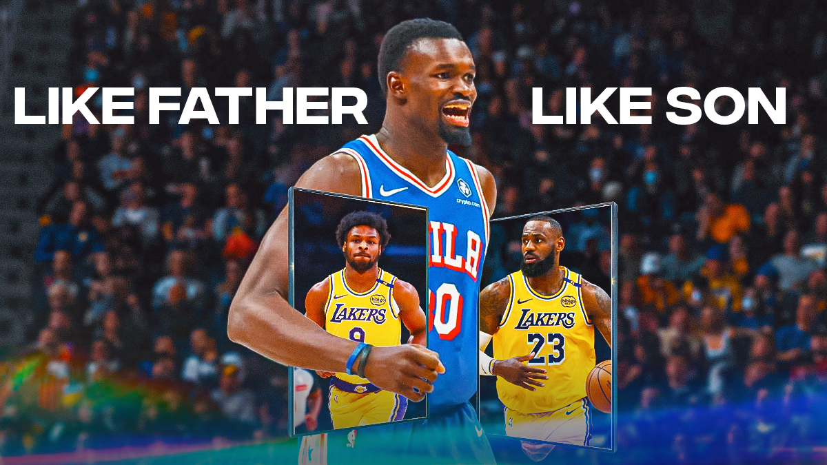 76ers' Adem Bona holding two mirrors, with LeBron James on one mirror and Bronny James on the other, caption below: LIKE FATHER, LIKE SON