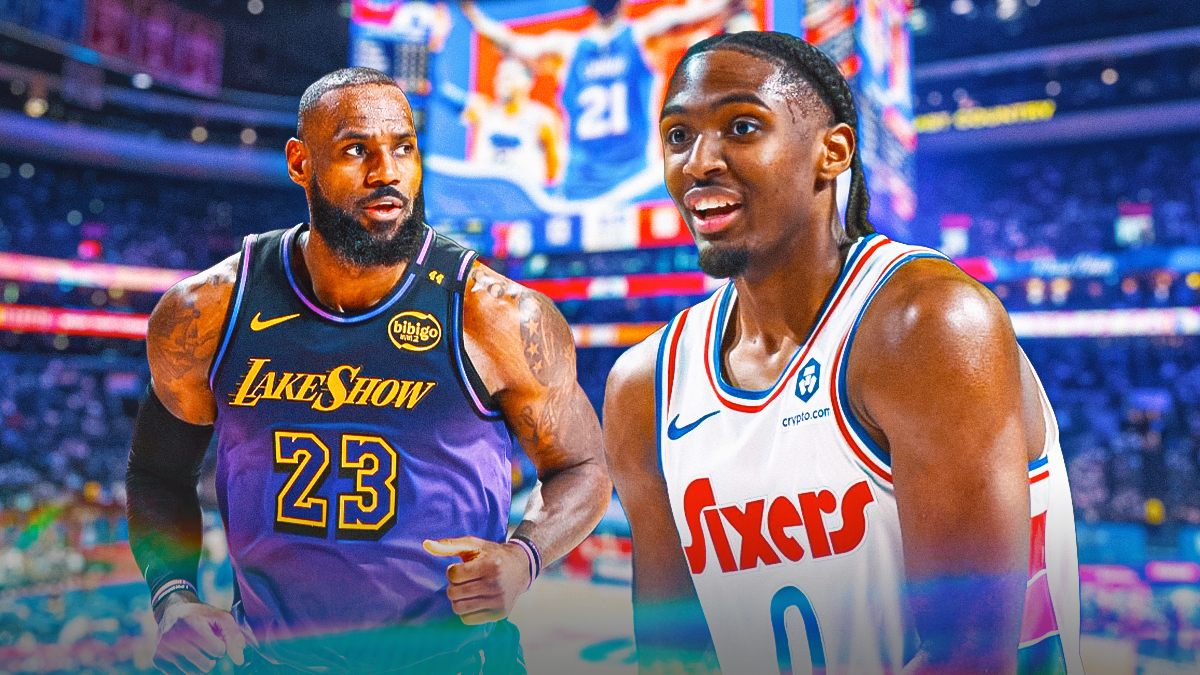 Lakers' LeBron James, 76ers' Tyrese Maxey, Wells Fargo Center in back