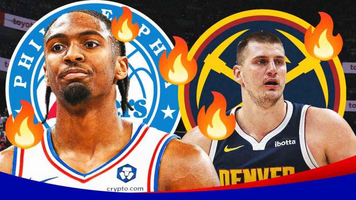 Tyrese Maxey with the 76ers logo in the background and Nikola Jokic with the Nuggets logo in the background, and fire emojis all around.