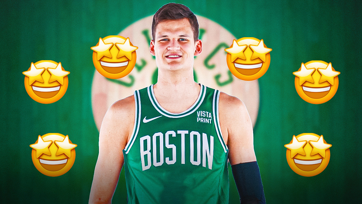 Walker Kessler in the middle in a Boston Celtics uniform, Boston Celtics wallpaper in the background, 🤩 emoji all around