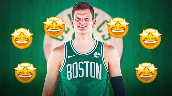 Walker Kessler in the middle in a Boston Celtics uniform, Boston Celtics wallpaper in the background, 🤩 emoji all around