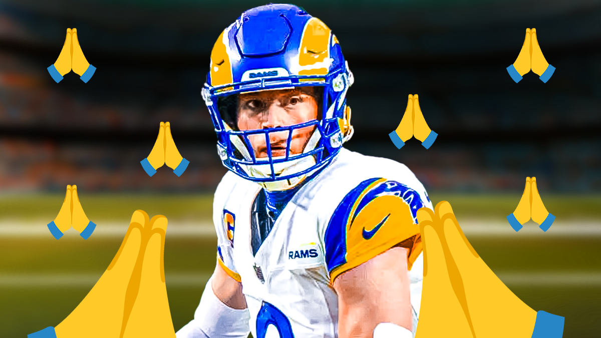 Rams QB Matthew Stafford surrounded by prayer hands emoji